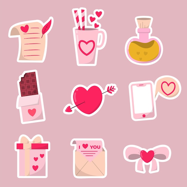 Set items voor de minnaar in valentijn dag concept liefde element tekening cartoon stijl platte ontwerp vectorillustratie