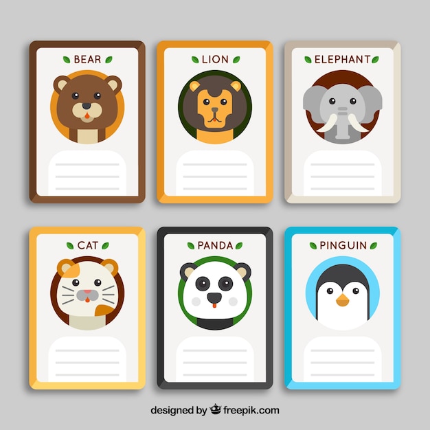 Set kaarten met schattige dierlijke gezichten