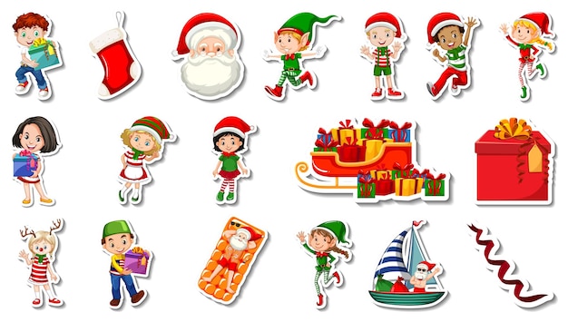 Gratis vector set kerstvoorwerpen en stripfiguren