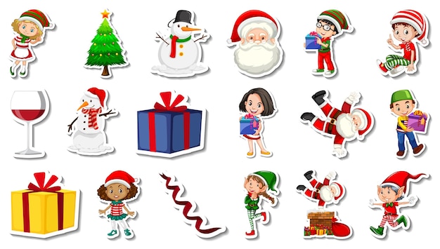 Gratis vector set kerstvoorwerpen en stripfiguren