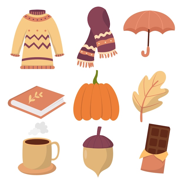 Set kleding en objectelement voor herfstweer