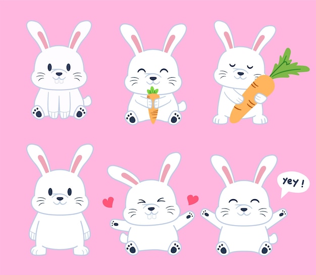 Gratis vector set konijn met verschillende activiteiten en emotie cartoon vector