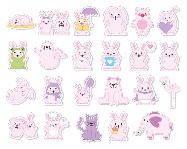 set konijnen en dieren kawaii karakters