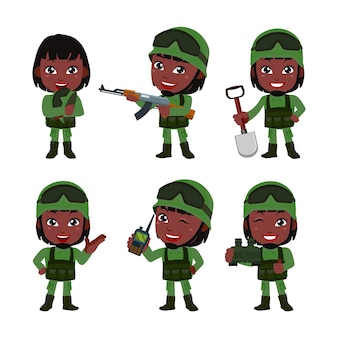Set legersoldaten vrouw in uniform met verschilactie