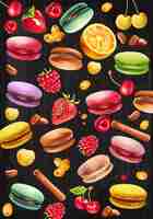 Gratis vector set macarons, framboos, aardbei, witte en rode kersen, koffiebonen, kaneelstokjes en pyracantha bessen