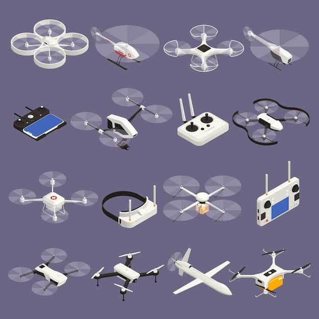 Gratis vector set met geïsoleerde drones isometrische pictogrammen en afbeeldingen van afstandsbedieningen en verschillende modellen van quadcopters vectorillustratie