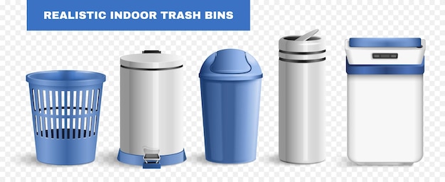 Set met geïsoleerde realistische bins-afbeeldingen voor gebruik binnenshuis met zilverblauw gekleurde containers en tekst vectorillustratie