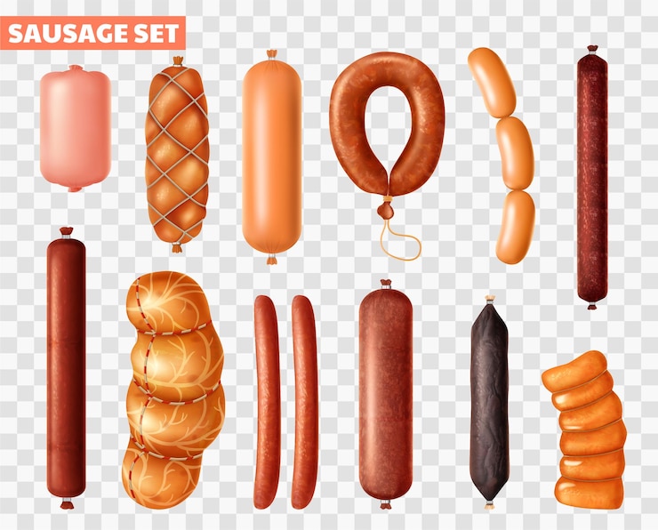 Gratis Vector set met geïsoleerde realistische voedselafbeeldingen van hele worsten gemaakt van bereid vlees op transparante achtergrond vectorillustratie