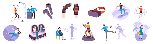 Set met geïsoleerde vr mensen platte doodle stijl karakters met silhouetten van virtuele buurten en draagbare gadgets vectorillustratie