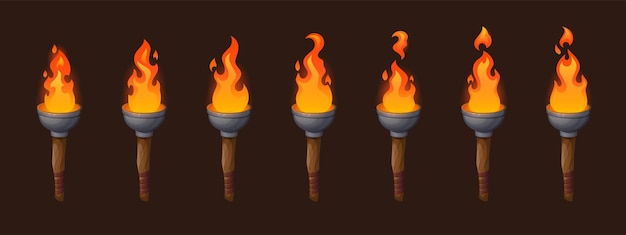 Set middeleeuwse sprite fakkels met brandende vuurreeks animatie. oude houten merken met vlam. cartoon-elementen voor pc-game, vlammend fakkellicht of verlichting flambeau geïsoleerde vectorpictogrammen