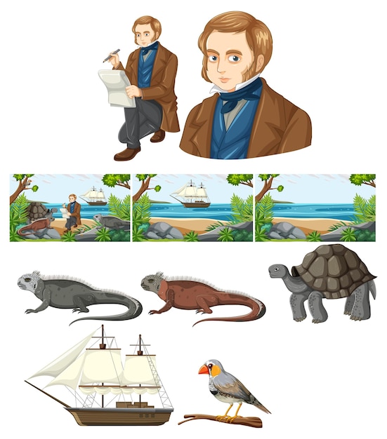 Gratis vector set mix charles darwin met dier