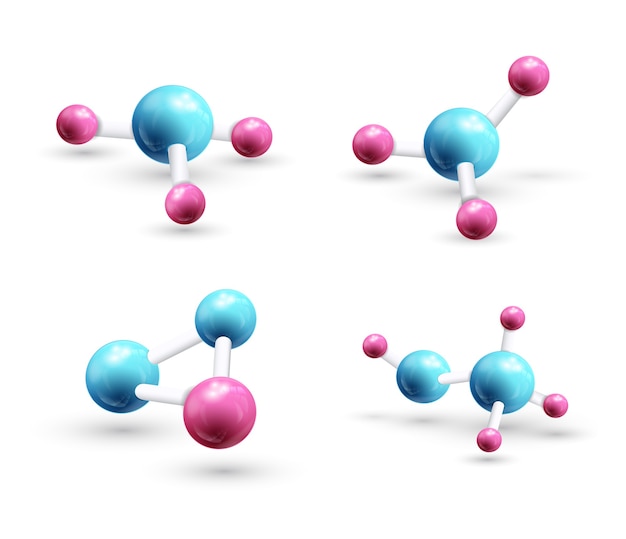 Set model van 3D-molecuul bestaande uit drie kleine atomen en groot blauw verbonden door de kleine geïsoleerde elementen