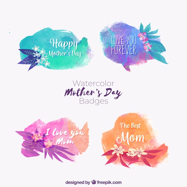 Gratis vector set moederdag badges in aquarel bloemen