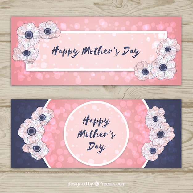 Gratis vector set moederdag banners met roze bloemen