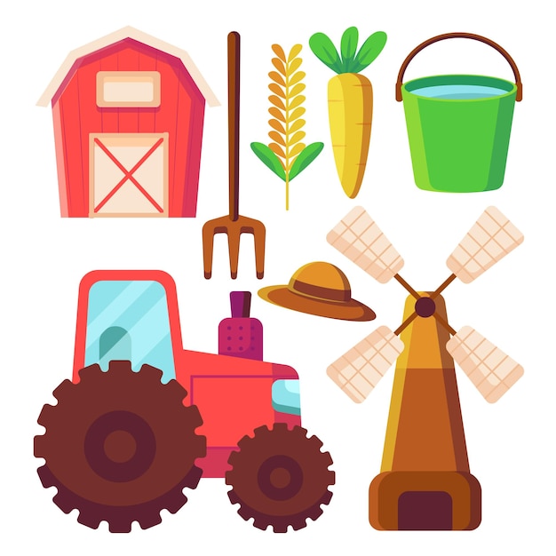 Gratis vector set object element met tuin of landbouwmachines maïs kar windmolens trekker en andere in cartoon stijl geïsoleerd op een witte achtergrond