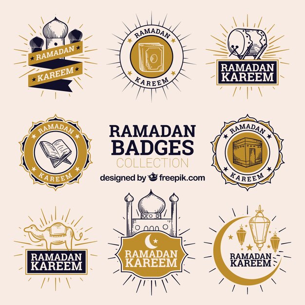 Set ramadan badges met moskeeën en ornamenten