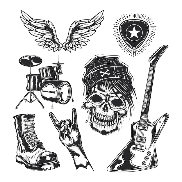 Set rockelementen (schedel, boot, drums, vleugels, gitaar, plectrums)