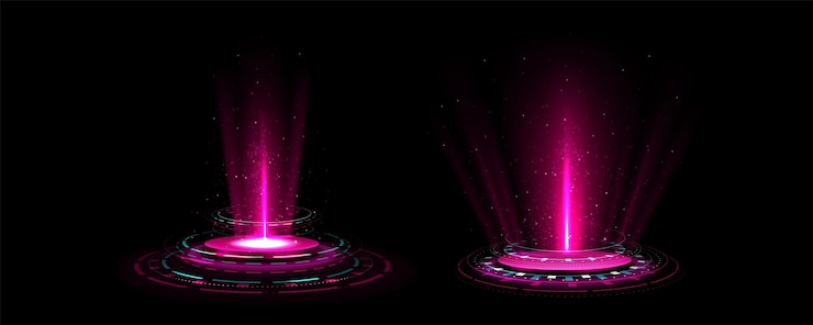 Gratis Vector set roze high-tech hologram portalen met lichteffect realistische vectorillustratie van futuristische speltechnologie rond podium met gloeiende laserstraal neon teleport verlichting scifi universum