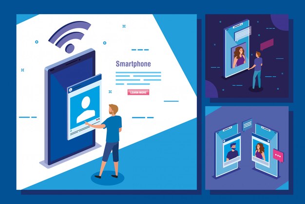 set scènes met pictogrammen voor smartphones en sociale media