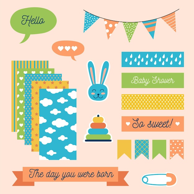 Gratis vector set schattige baby shower plakboekelementen