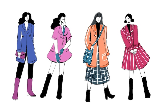 Gratis vector set schetsen van mooie en diverse vrouwelijke mode-outfits