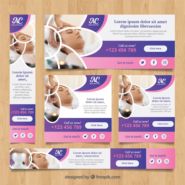 Gratis vector set spa center banners met vrouw ontspannen