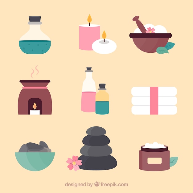 Gratis vector set spa-elementen met kaarsen en aromatische oliën