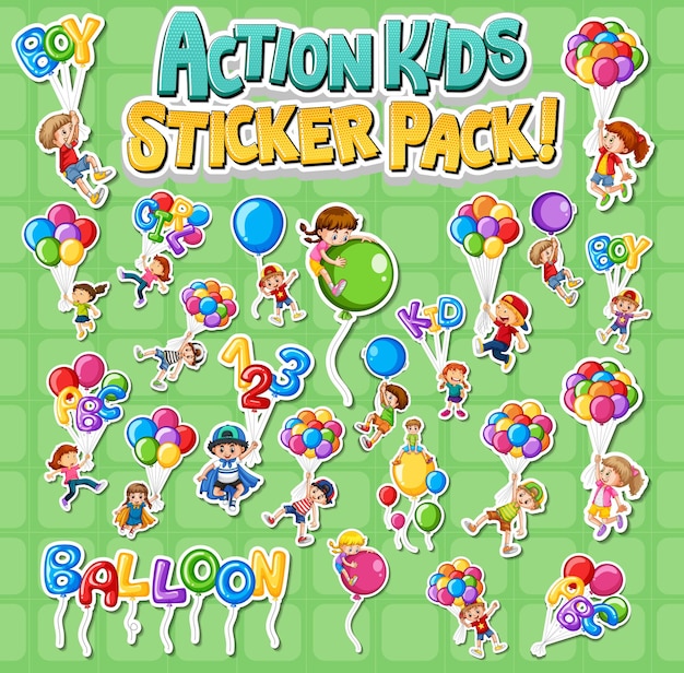 Set stickers met kinderen die verschillende activiteiten doen