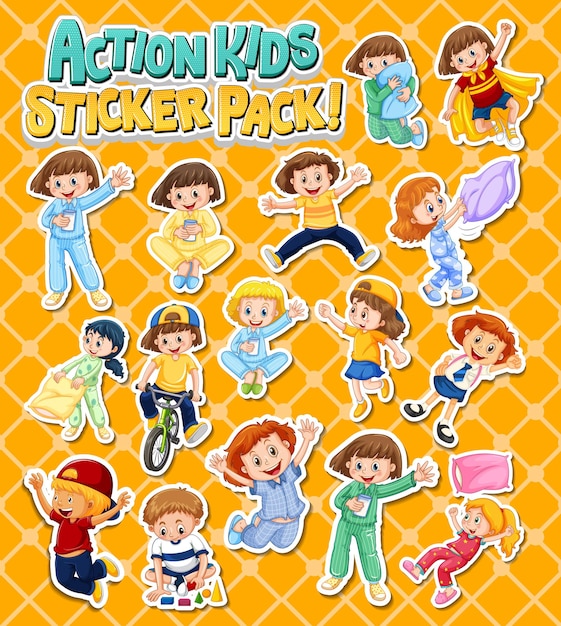 Set stickers met kinderen die verschillende activiteiten doen