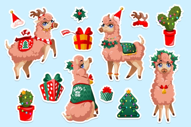 Gratis vector set stickers met nieuwjaar lama vicuna