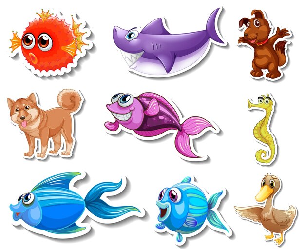 Gratis vector set stickers met zeedieren en honden stripfiguur