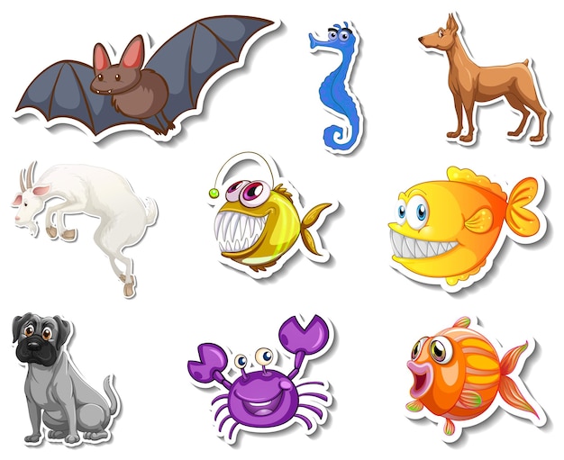 Gratis vector set stickers met zeedieren en honden stripfiguur