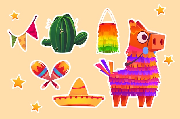 Set stickers mexicaanse pinata ezel, kleurrijk speelgoed met lekkernijen, cactus, maracas, sombrero en vlaggenslinger voor de verjaardag van een kind. viva mexico feestviering, carnaval of fiesta cartoon vectorpatches