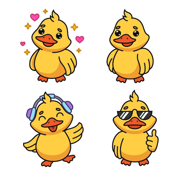 Gratis Vector set stripfiguur eend luisteren naar muziek, zonnebril dragen, duimen opdagen