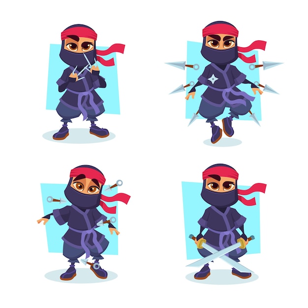 Set stripfiguur ninja met wapen in verschillende acties