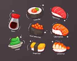 Gratis vector set sushi cartoon hand tekenen illustratie
