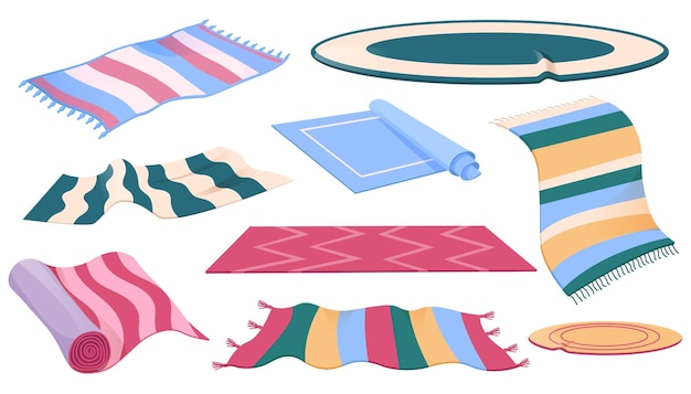 Set tapijten of vloerkleden in verschillende vormen, ontwerpen en kleuren