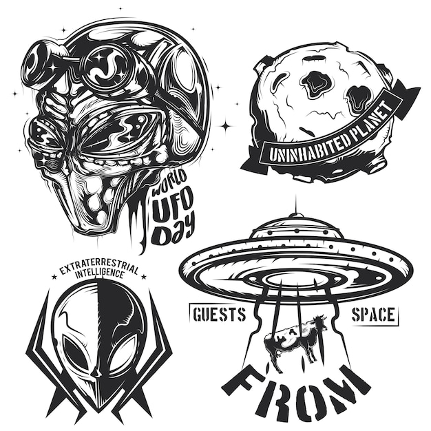 Gratis vector set ufo-elementen (aliens, vliegende schotel, planeet etc.) emblemen, etiketten, insignes, logo's.