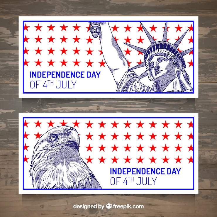 Gratis Vector set van 4 juli banners met pictogrammen