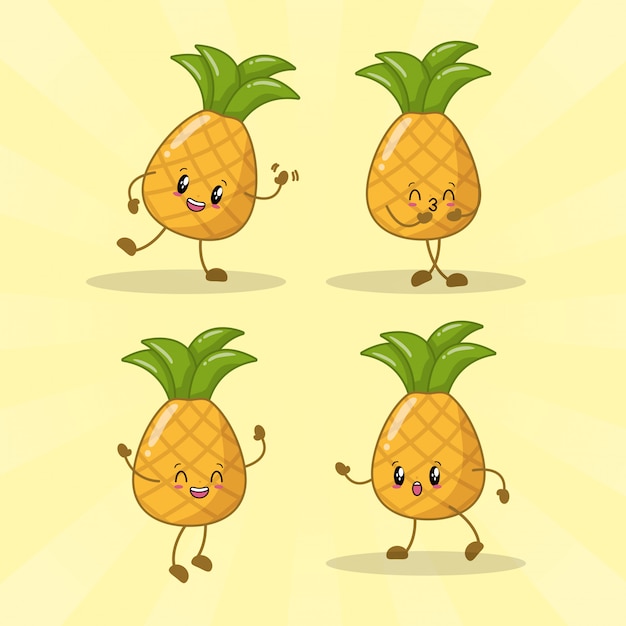 Gratis vector set van 4 kawaii ananas met verschillende vrolijke uitdrukkingen