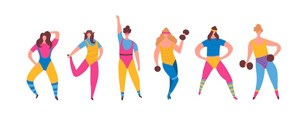 Set van 80s jaar vrouw meisje in aerobics outfit training formulering doet