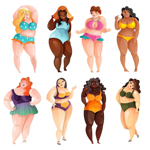 Gratis vector set van aantrekkelijke plus size vrouwen van verschillende etniciteit in zwemkleding geïsoleerd