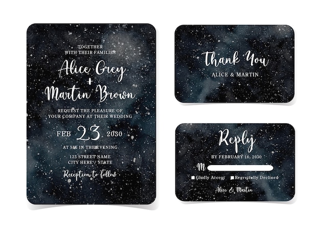Set van abstracte diepe ruimte met sterrenhemel bruiloft uitnodigingskaart