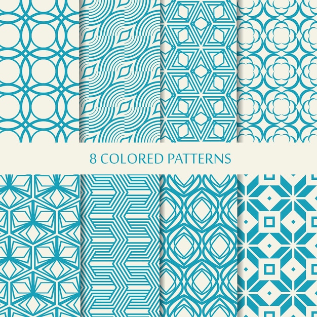 Set van acht naadloze chevron-patronen in blauwe en witte kleuren met verzameling van verschillende stijlvolle vormen en chevron-herhalende elementen Gratis Vector