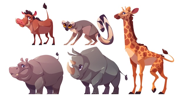 Gratis vector set van afrikaanse wilde dieren geïsoleerd op witte achtergrond vector cartoon illustratie van giraffe nijlpaard neushoorn lemur wrattenzwijn karakters staand of lopend leuke dierentuin of safari park inwoners