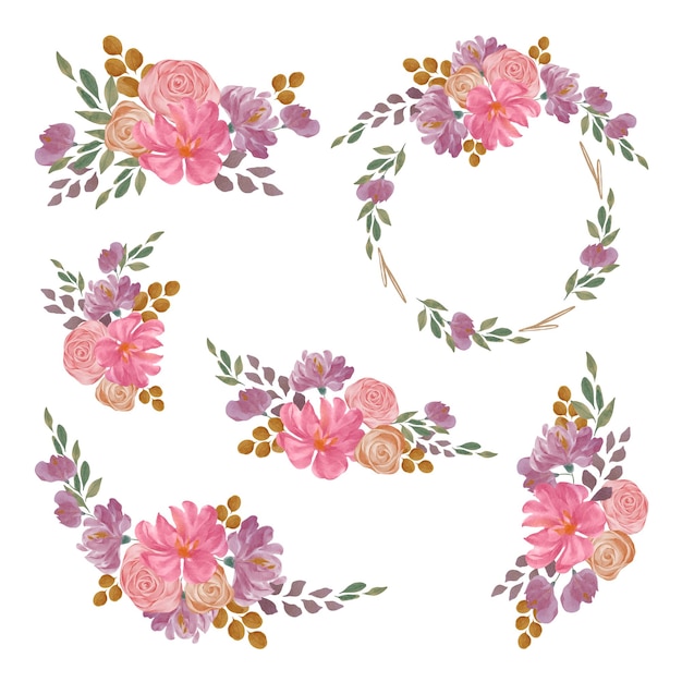 Gratis vector set van afzonderlijke delen en samenbrengen tot een mooi boeket bloemen in waterkleurenstijl op een witte achtergrond, vectorillustratie