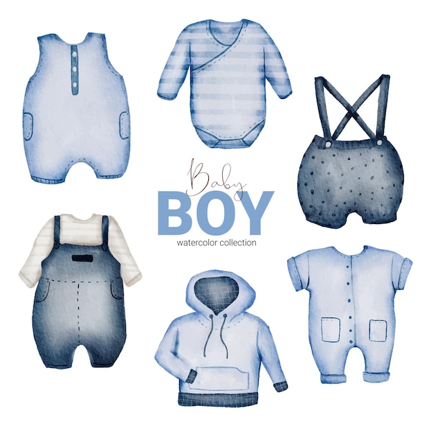 Set van afzonderlijke onderdelen en samenbrengen tot mooie kleding, babyartikelen en speelgoed in aquarelstijl, aquarelillustratie