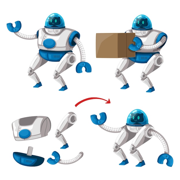 Set van android karakter robot cartoon stijl futuristische machine voor industrieel gebruik. geïsoleerde futuristische cybernetische objecten technologie geïsoleerde illustratie.
