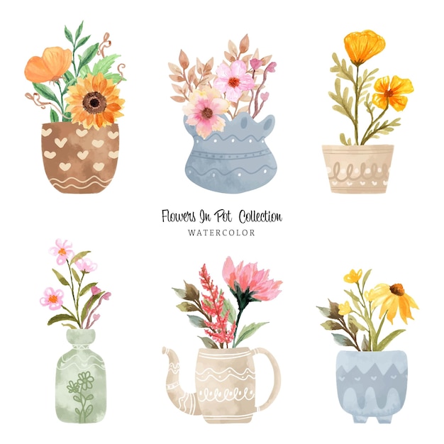 Gratis vector set van aquarel bloem in pot