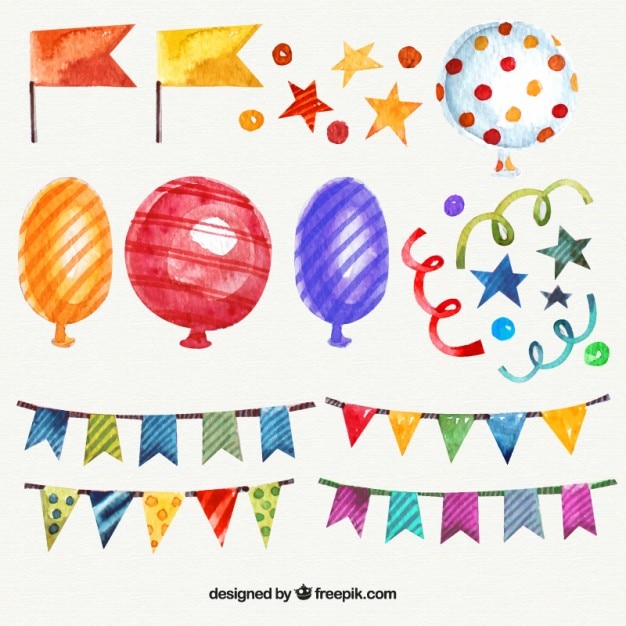 Gratis vector set van aquarel verjaardag decoratie